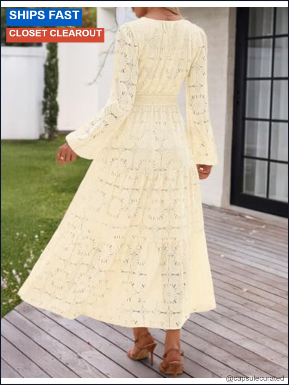 Elegant Long Sleeve Floral Eyelet Lace Maxi Dress with Pockets - Picture 3 of 6